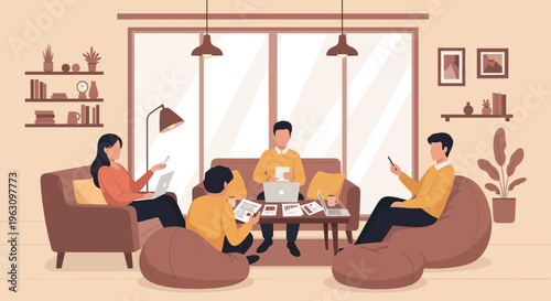 Family sitting in living room together.