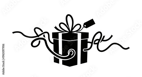 Stylized Black Gift Box with Bow and Tangled Ribbons.