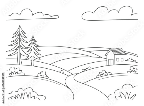 A Simple Line of a Rural Landscape with a House and Trees