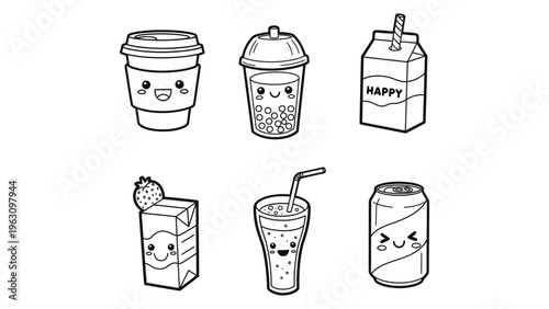 Cute kawaii beverage characters set with smiling faces for coloring book and sticker design