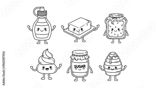 Cute kawaii breakfast food characters set with syrup butter toast sugar and honey for coloring book