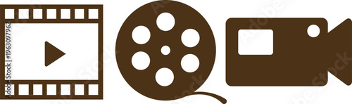 Set of cinema and video production icons, film strip, film reel and video camera