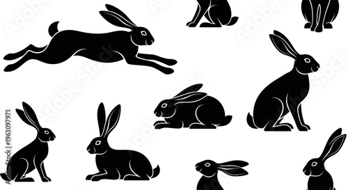 Black and white silhouette pattern of various hares and rabbits in different poses.