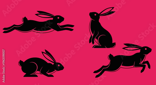 Four black rabbit silhouettes in various poses on a vibrant pink background.