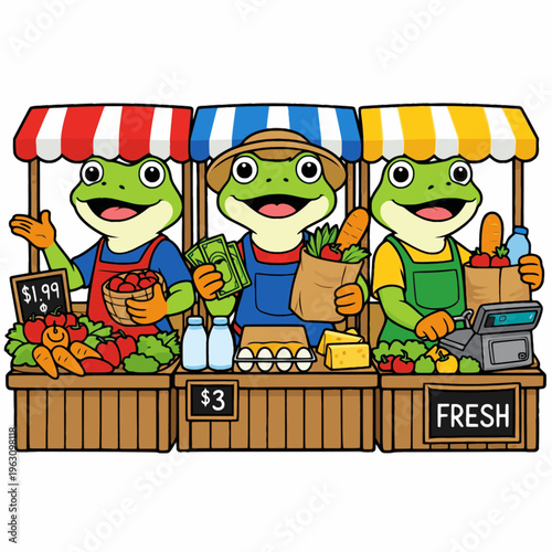 cartoon frog market sellers food retail vector