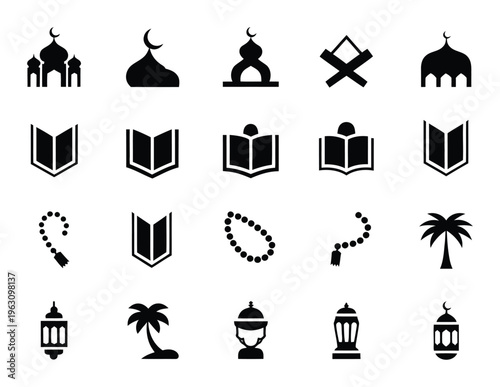 Islamic Mosques, Quran, Prayer Beads, Palm Trees, Lanterns, and People