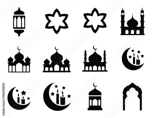 Islamic Mosques, Lanterns, Crescent Moons, Stars, and Arches