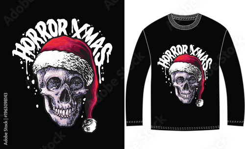 The image showcases a striking design for a sweatshirt that merges holiday cheer with a sinister twist. A prominent skull, detailed with a textured finish, wears a classic red Santa hat, complete with