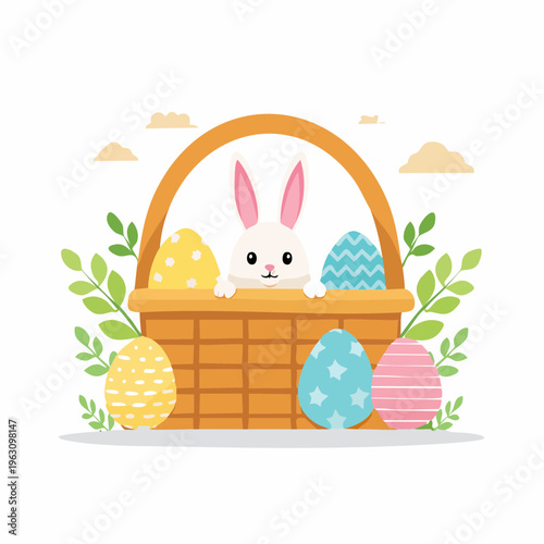Happy Easter! Adorable bunny peeking out of a basket filled with colorful painted eggs and lush green leaves, celebrating spring and new beginnings