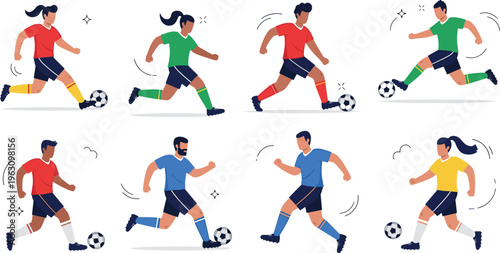 Set of soccer players in action kicking ball and running diverse male and female athletes for sports design