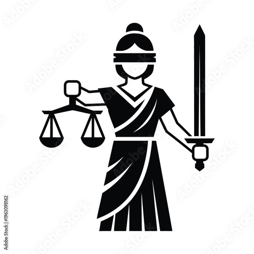 Monochromatic graphic illustration of Lady Justice, blindfolded, holding a sword and scales, representing law, fairness, and the judicial system.