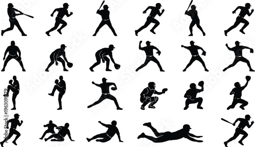 Set of Black Baseball Player Silhouettes Featuring Professional Athletes in Action Poses Including Batting, Pitching, Running, and Fielding for Sports Design