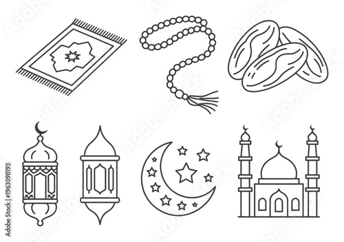 Islamic Prayer Mat, Beads, Dates, Lanterns, Moon, Stars, Mosque