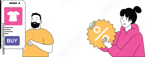 Online shopping deal with a man and woman discussing discounts on a clothing app purchase together happily