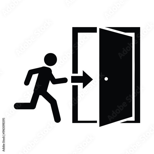 Black silhouette of a person running towards an open door with an arrow, symbolizing an exit or emergency escape.