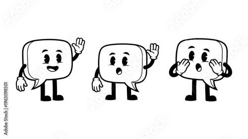Retro cartoon speech bubble mascot characters in vintage rubber hose style for communication and social media design