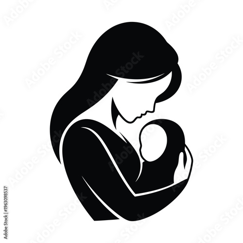 A black and white silhouette depicting a mother tenderly holding her baby, symbolizing maternal love and care.
