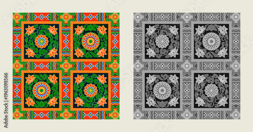 Oriental Geometric Ceiling Ornament Vector : Intricate Lotus Mandala Grid Inspired by Traditional Temple Art
