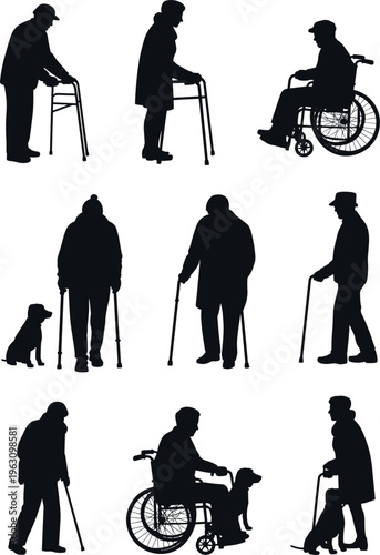 Collection of elderly people silhouettes using walking aids, wheelchair and crutches, senior mobility assistance, aging population care, disability support, rehabilitation and healthcare concept