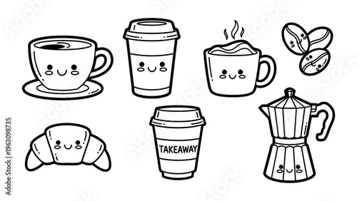 Kawaii coffee and breakfast line art sticker set featuring cute cups croissant and moka pot for cafe branding