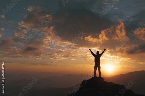 Silhouette on Mountain Top Against Sunset Sky with Arms Raised in Triumph