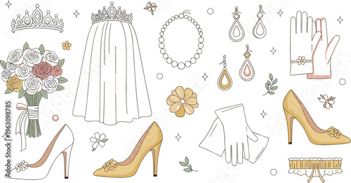 Set of wedding bridal accessories including veil bouquet shoes tiara and jewelry vector illustrations for marriage ceremony designs