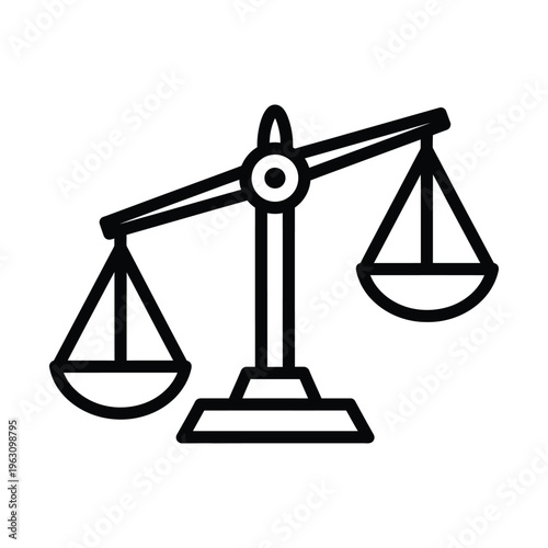 Minimalist scales of justice icon vector, black line art law balance symbol, judicial system and legal weight scale illustration, professional court and equality concept graphic