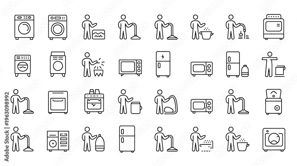 Obraz premium Set of outline icons how to use electrical appliances. Linear icon collection. Editable stroke. Vector illustration