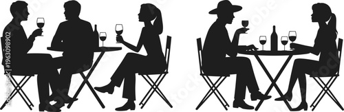 Silhouette of couples dining at table with wine glasses romantic date restaurant scene isolated on white background lifestyle concept