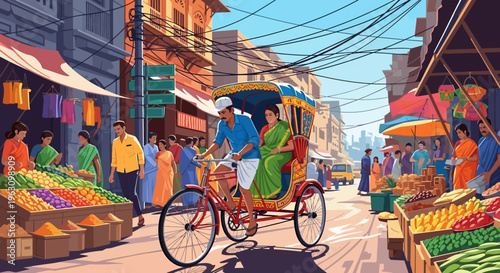 Man rides bicycle through market street.