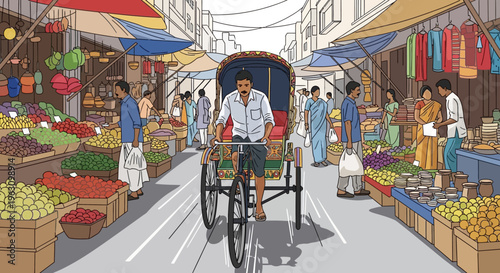 Man Riding a Rickshaw on Street.