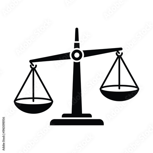 Black silhouette of a classic balance scale with one pan lower than the other, symbolizing justice, measurement, or imbalance.