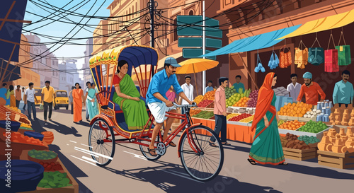 Man riding bicycle rickshaw with woman.