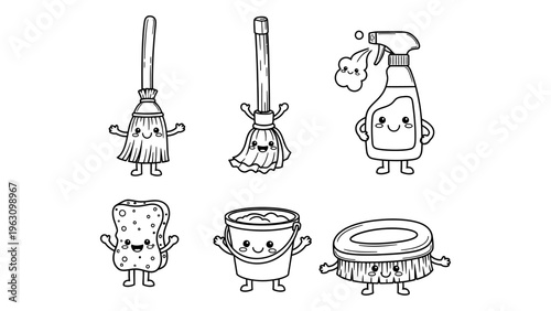 Kawaii cleaning tools characters set for kids coloring book with broom mop spray bottle and bucket