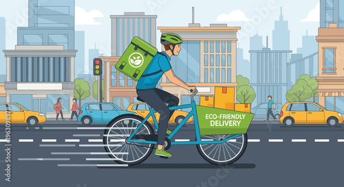 Man riding bicycle with food delivery.
