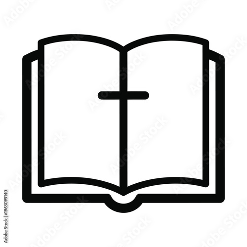 Black and white line art icon of an open book with a Christian cross symbol on its right page, representing faith and scripture.