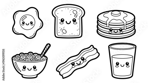 Kawaii breakfast food characters set with fried egg toast pancakes cereal bacon and milk for coloring book