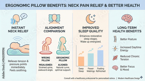 Infographic showing the benefits of an ergonomic pillow for neck pain relief, including alignment, sleep quality, and long-term health.