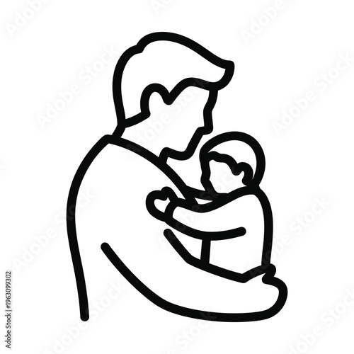 Simple line art illustration of a father gently holding his baby, depicting a moment of care and affection.