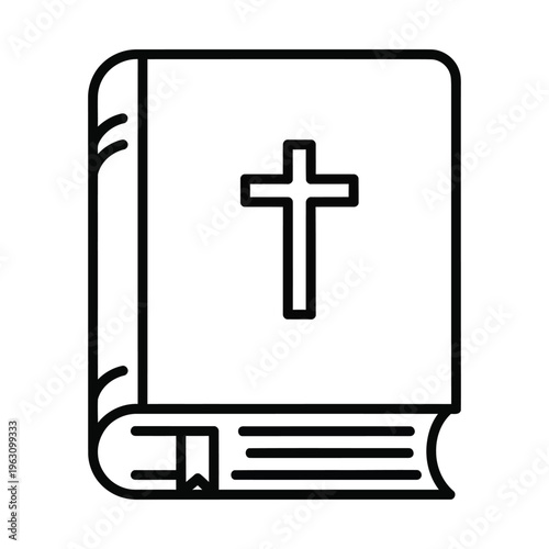 Line art icon of a closed Bible with a cross on the cover, representing Christianity and faith.