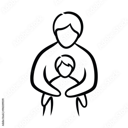 Simple line art illustration depicting an adult figure embracing a child, symbolizing care, protection, and a strong family bond.