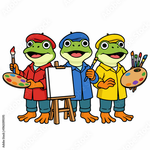 Cartoon frogs as artists with brushes and palettes. Creative vector illustration.