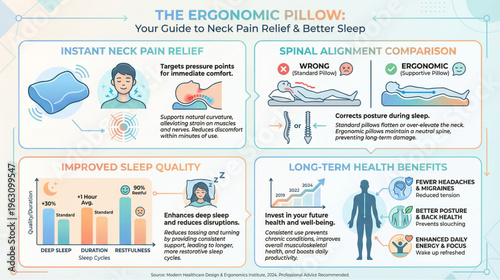 Infographic showing the benefits of an ergonomic pillow for neck pain relief, including alignment, sleep quality, and long-term health.