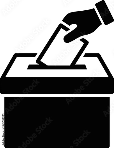Hand putting ballot paper into a vote box icon. Election or voting concept. Simple flat black symbol for web, app, ui icon, design