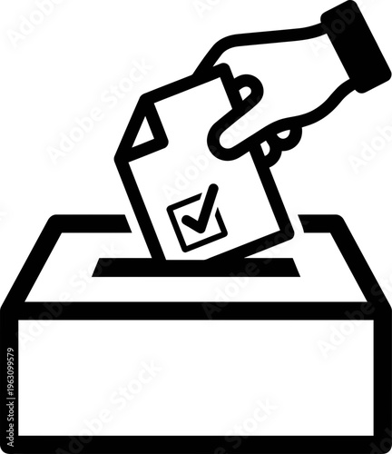 Hand putting ballot paper with check mark into vote box icon. Election day, democratic voting process concept. Vector illustration symbol for website, app, banner