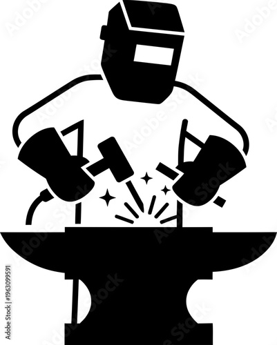Man welder icon working on an anvil with sparks, industrial concept. Vector illustration in flat style for construction design