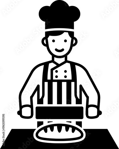 Male chef baking bread with rolling pin. Professional baker kneading dough. Cooking food preparation concept. Vector icon for restaurant, recipe book
