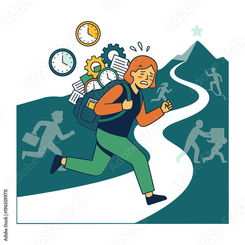 Person runs up a winding mountain path with a backpack and papers.