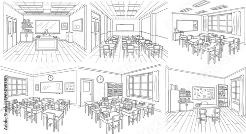 School classroom interior set with desks chairs chalkboard and windows hand drawn line art vector illustration for educational background