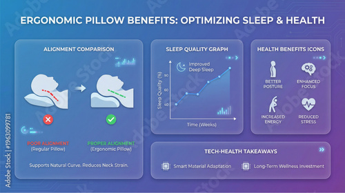 Infographic showing the benefits of an ergonomic pillow for neck pain relief, including alignment, sleep quality, and long-term health.